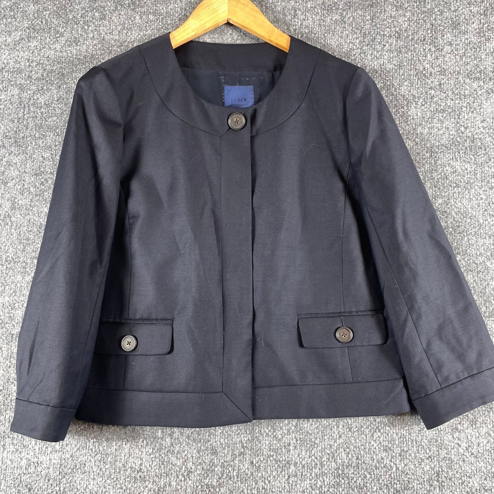 J Crew Jacket Womens 10 Black Wool Collarless Blazer Coat Professional Business